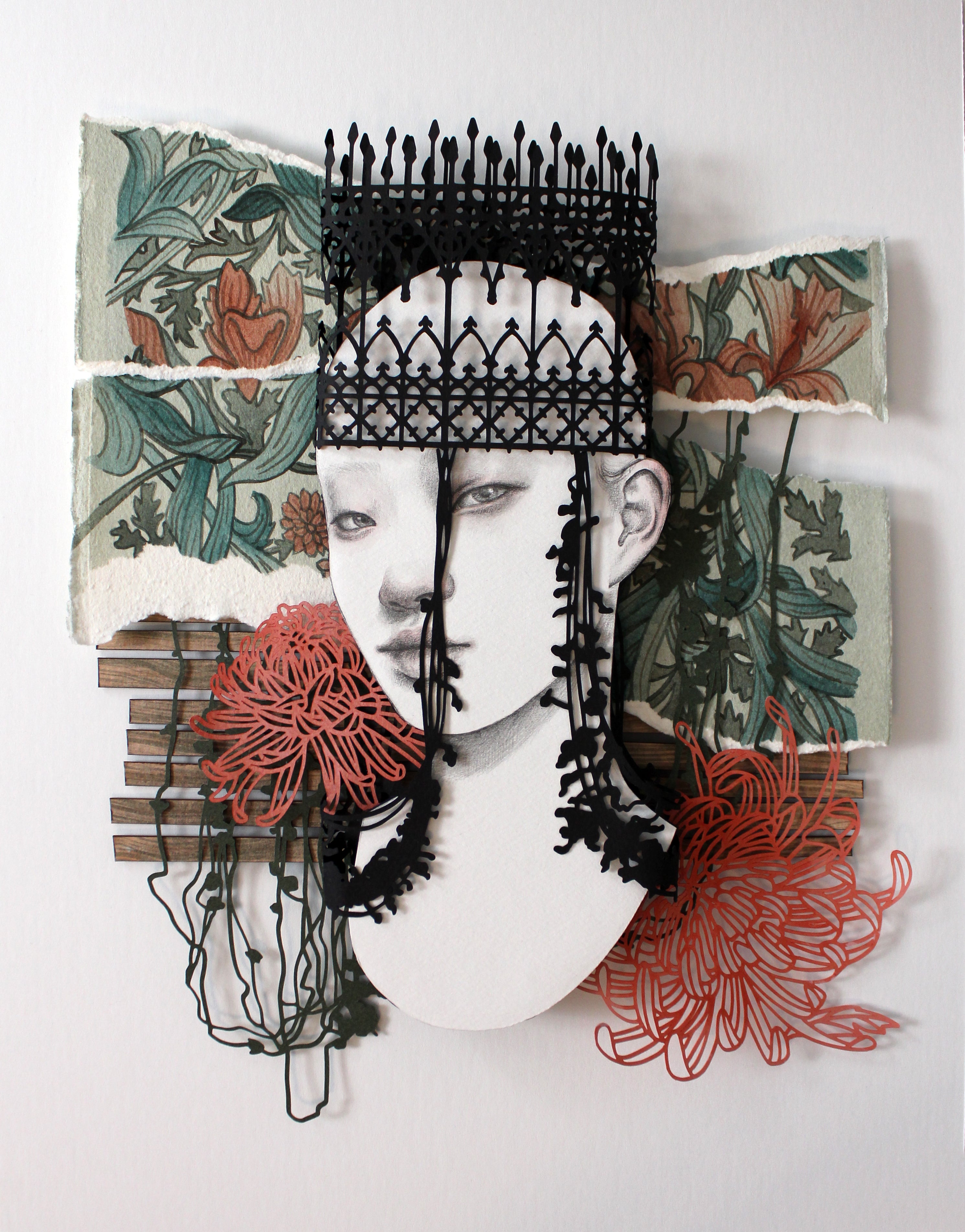 At Least by Christine Kim – Artistic collage with a woman's face, floral patterns, and decorative elements on a white background