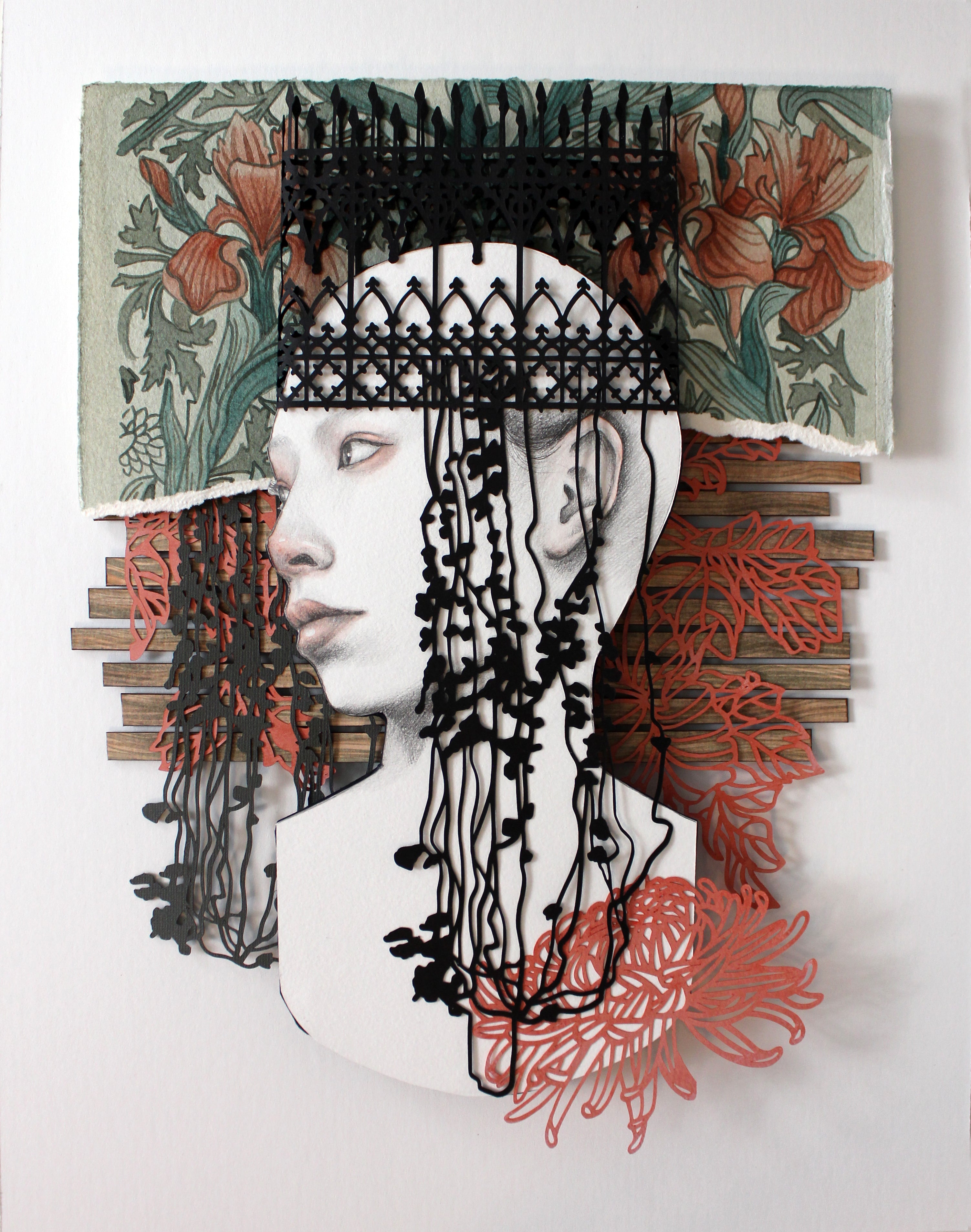 Boundaries of Ours by Christine Kim – Artistic depiction of a woman's face with intricate patterns and floral elements on a textured background.