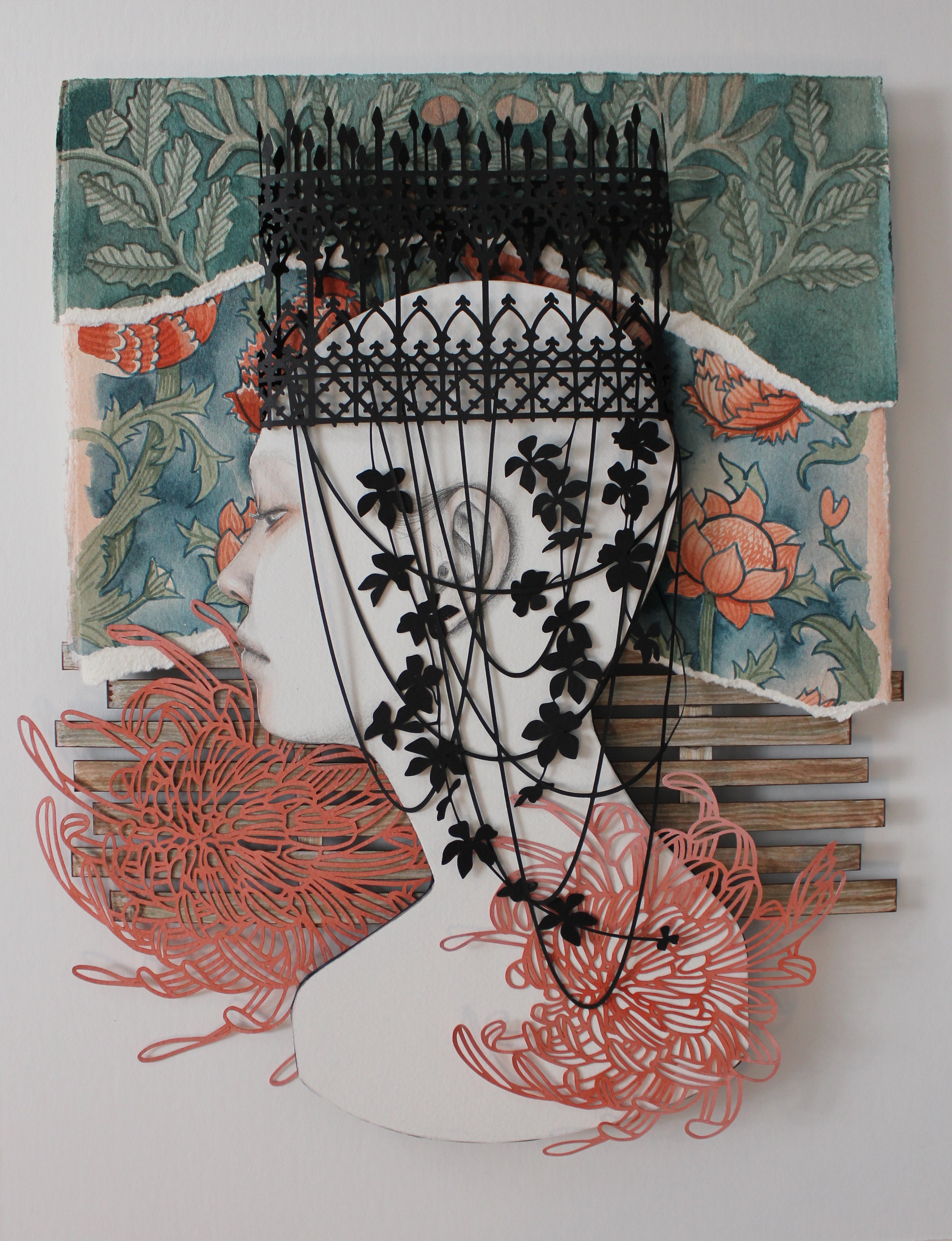 Here and There by Christine Kim – Artistic depiction of a woman's head with intricate black hair design on a textured background