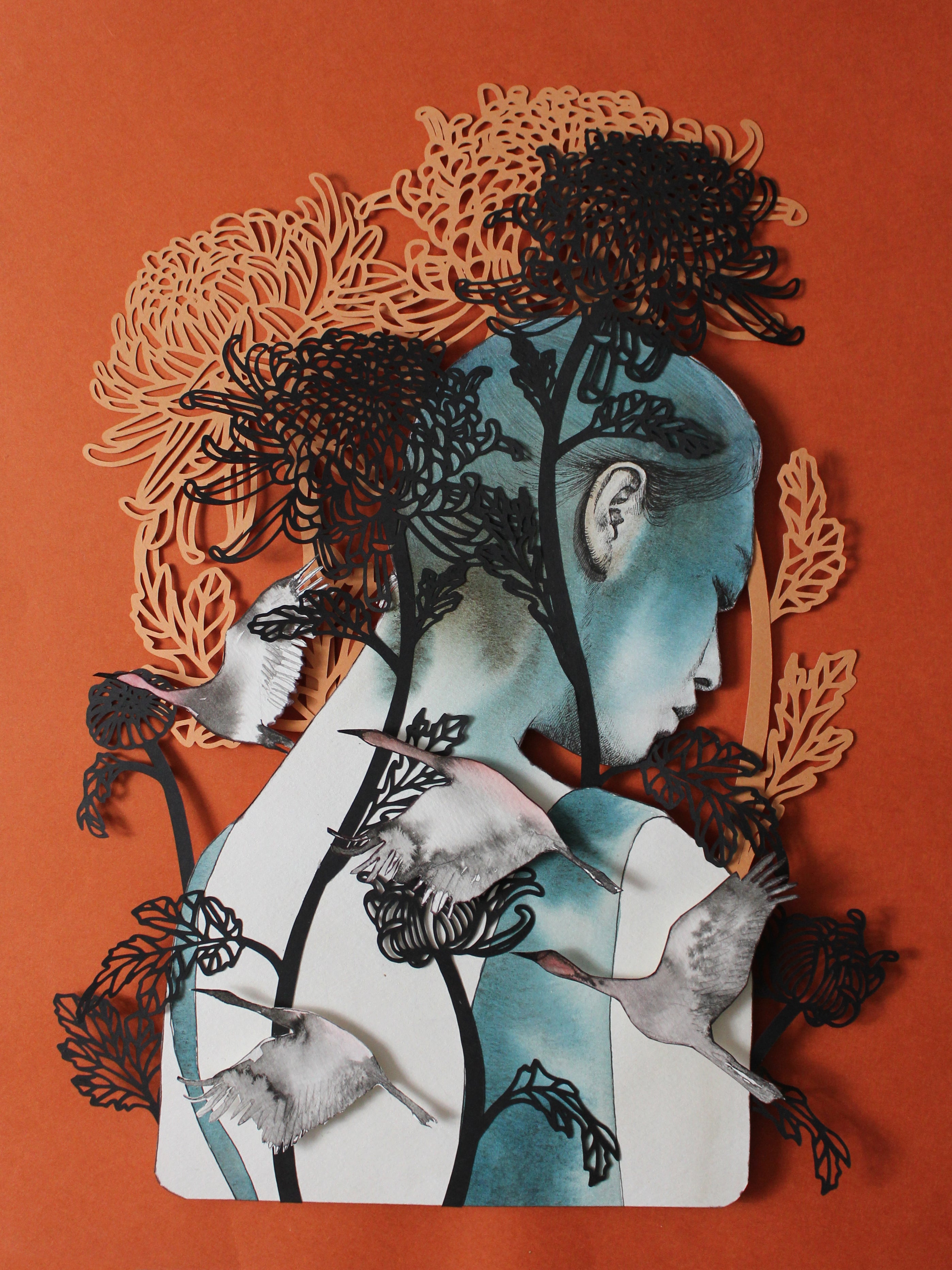 Nowhere without Elsewhere by Christine Kim – Artistic depiction of a person with nature elements on an orange background