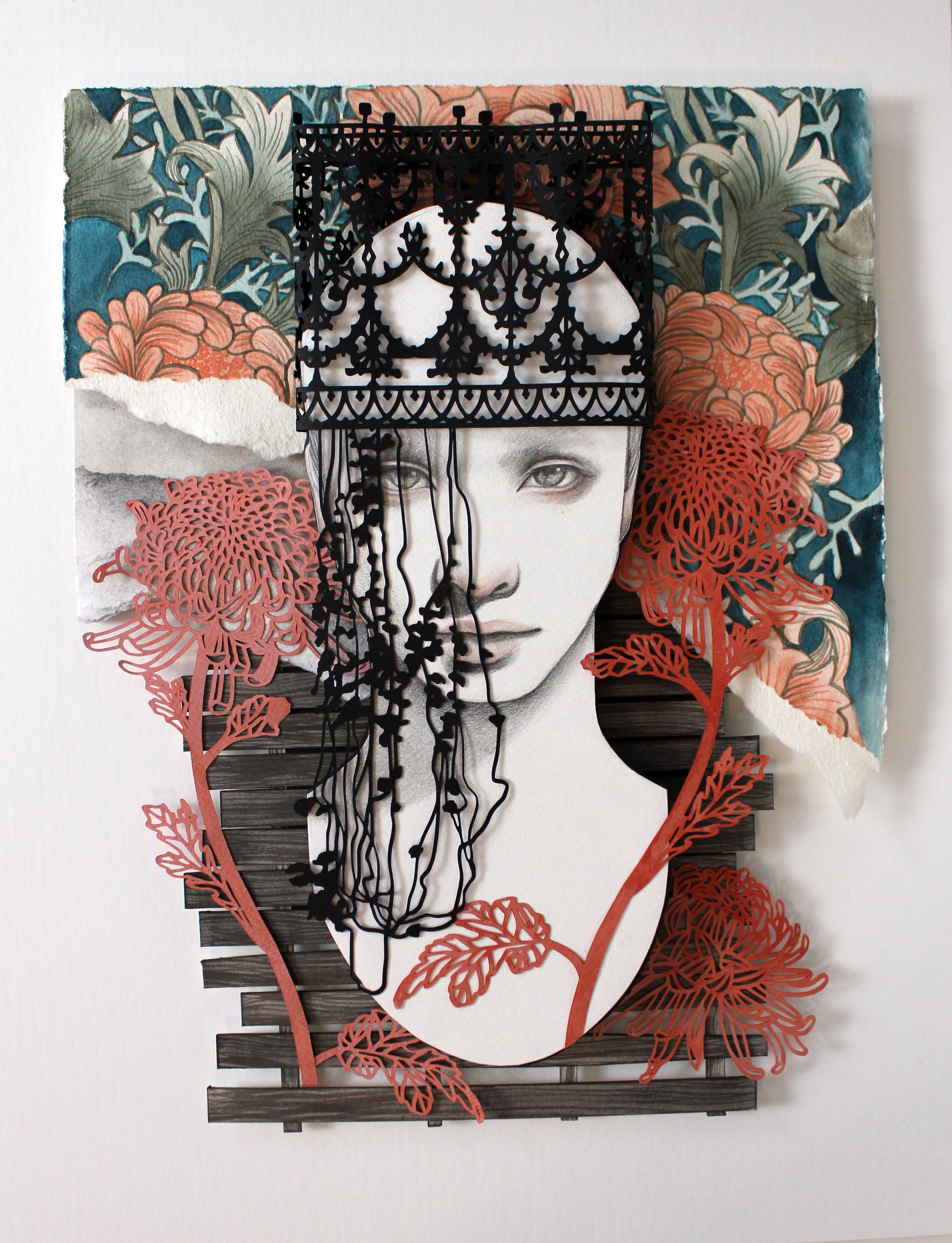 Stranger to Myself Original by Christine Kim – Artistic portrait with floral elements and a black lace headpiece on a white background