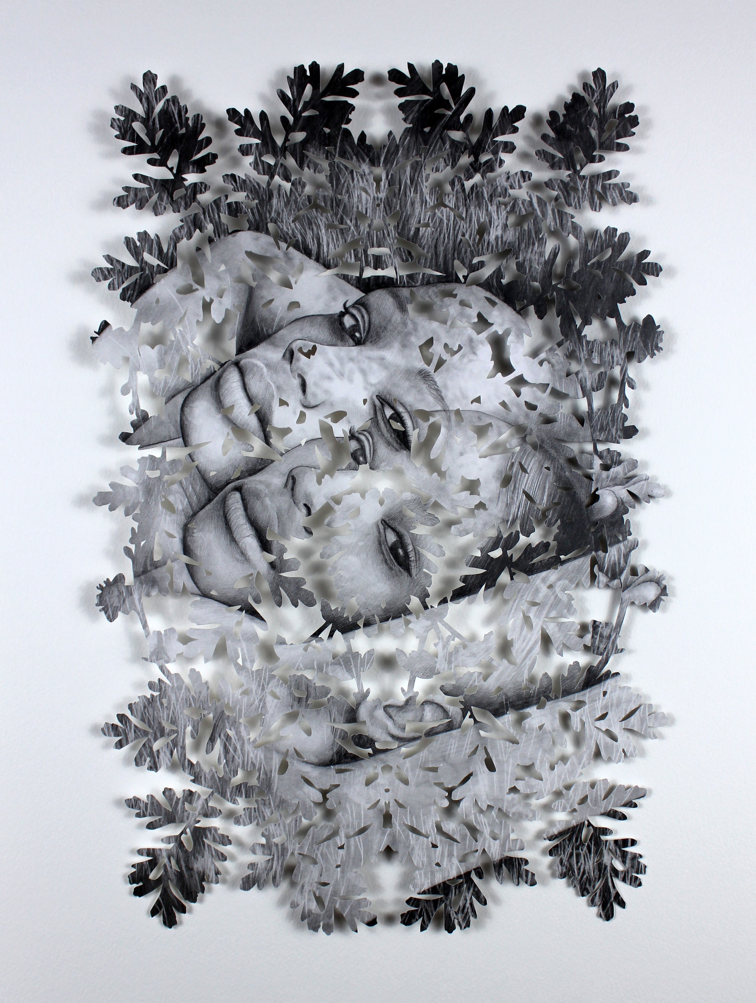 Untitled One by Christine Kim – Artistic depiction of a face surrounded by snowflakes on a white background