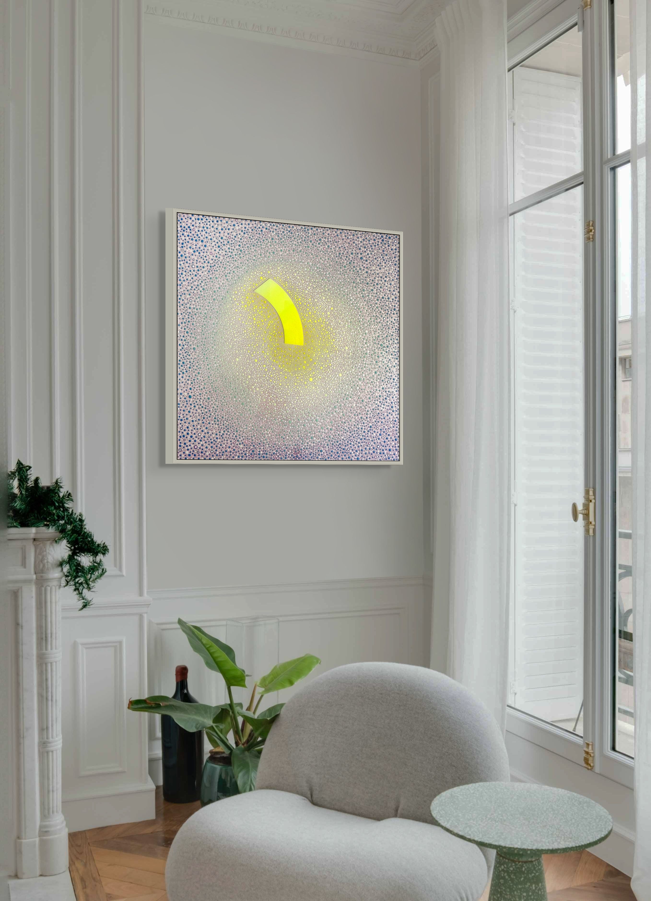 Sky Meadow by Ewa Tarsia – Modern interior with a yellow abstract light fixture on a white wall.