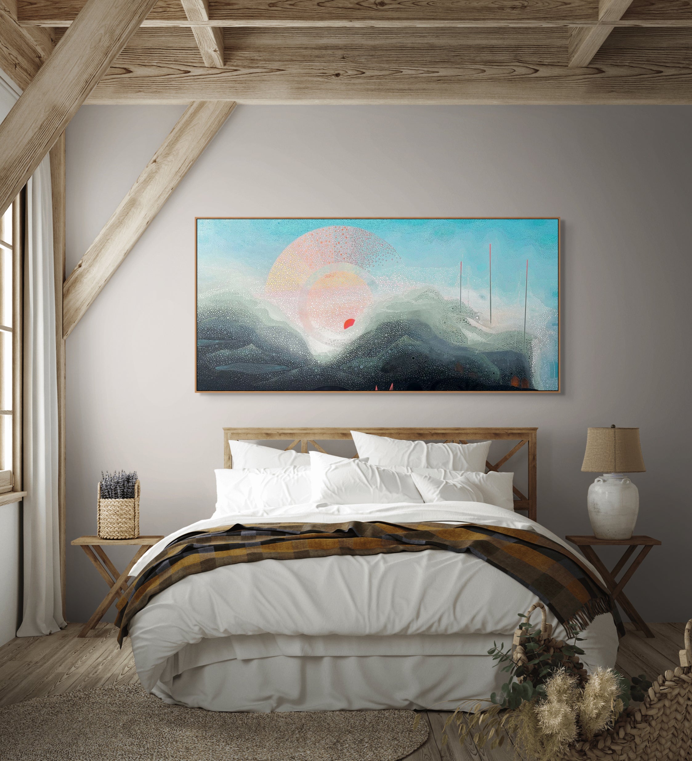 Walking in the Rain in Finca Don Gabriel by Ewa Tarsia – Modern bedroom with a large abstract painting above the bed
