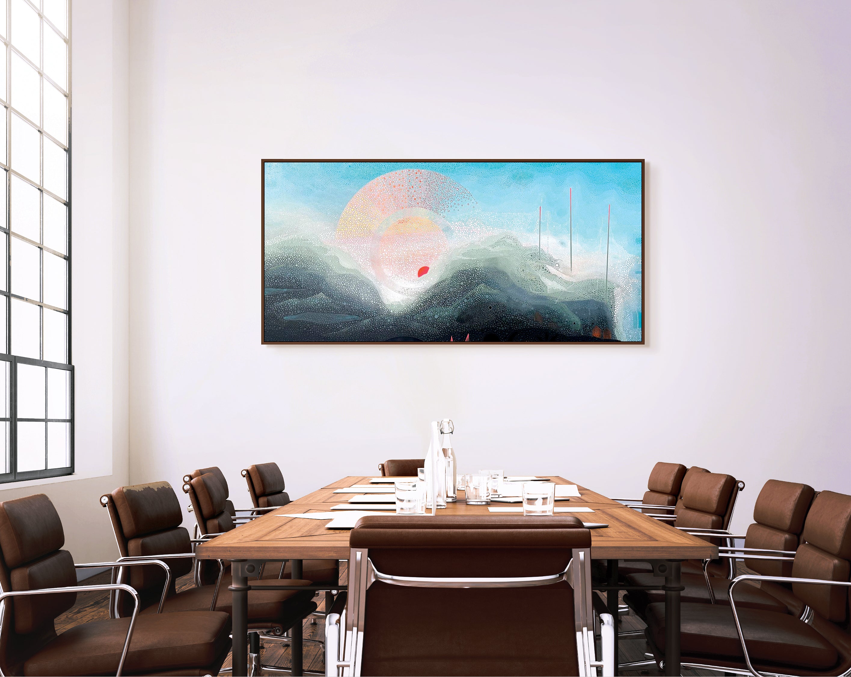 Walking in the Rain in Finca Don Gabriel by Ewa Tarsia – Modern conference room with a large abstract painting on the wall.
