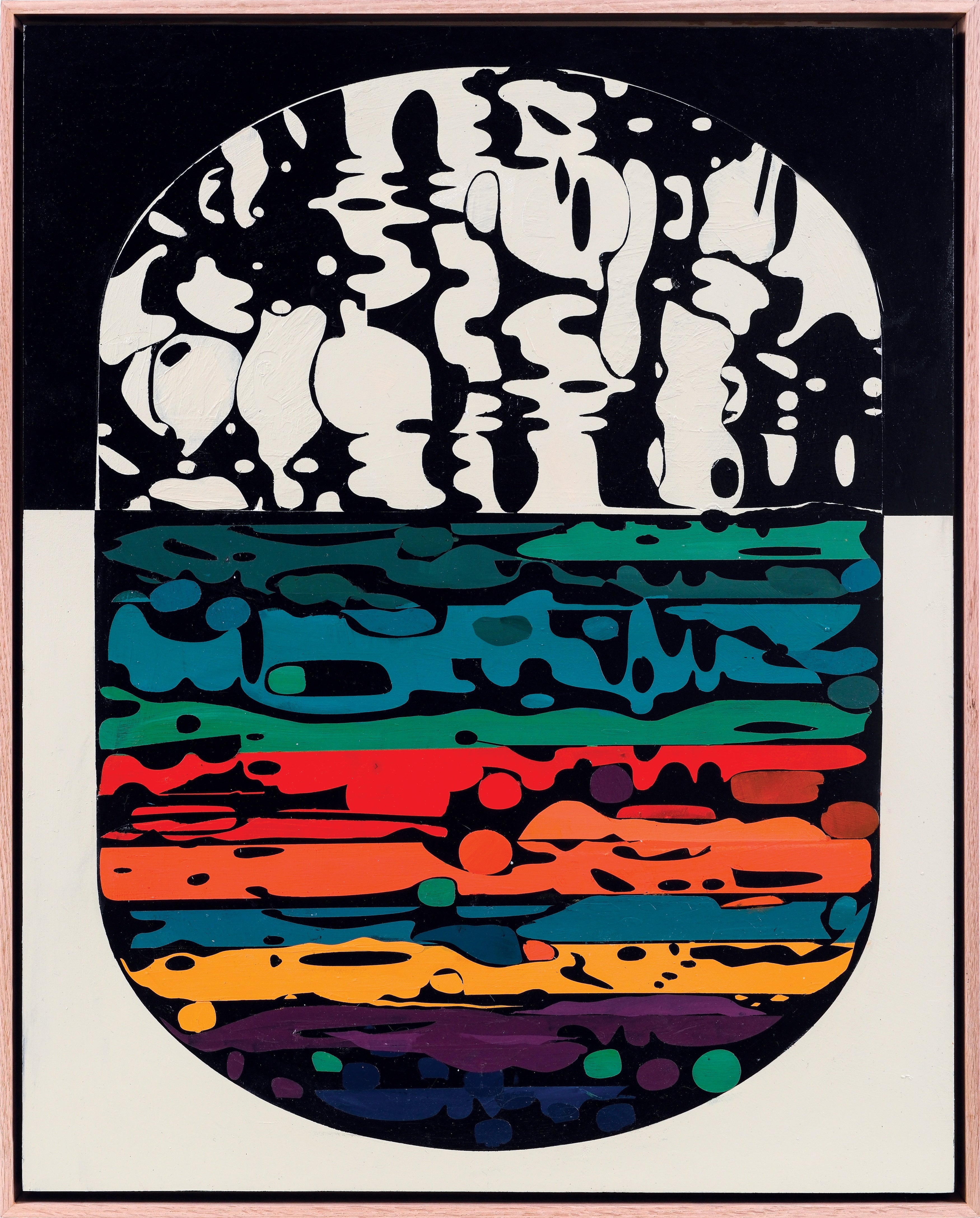 Below As Above by Sarah Gee Miller – Abstract artwork with black and white top half and colorful bottom half on a white background