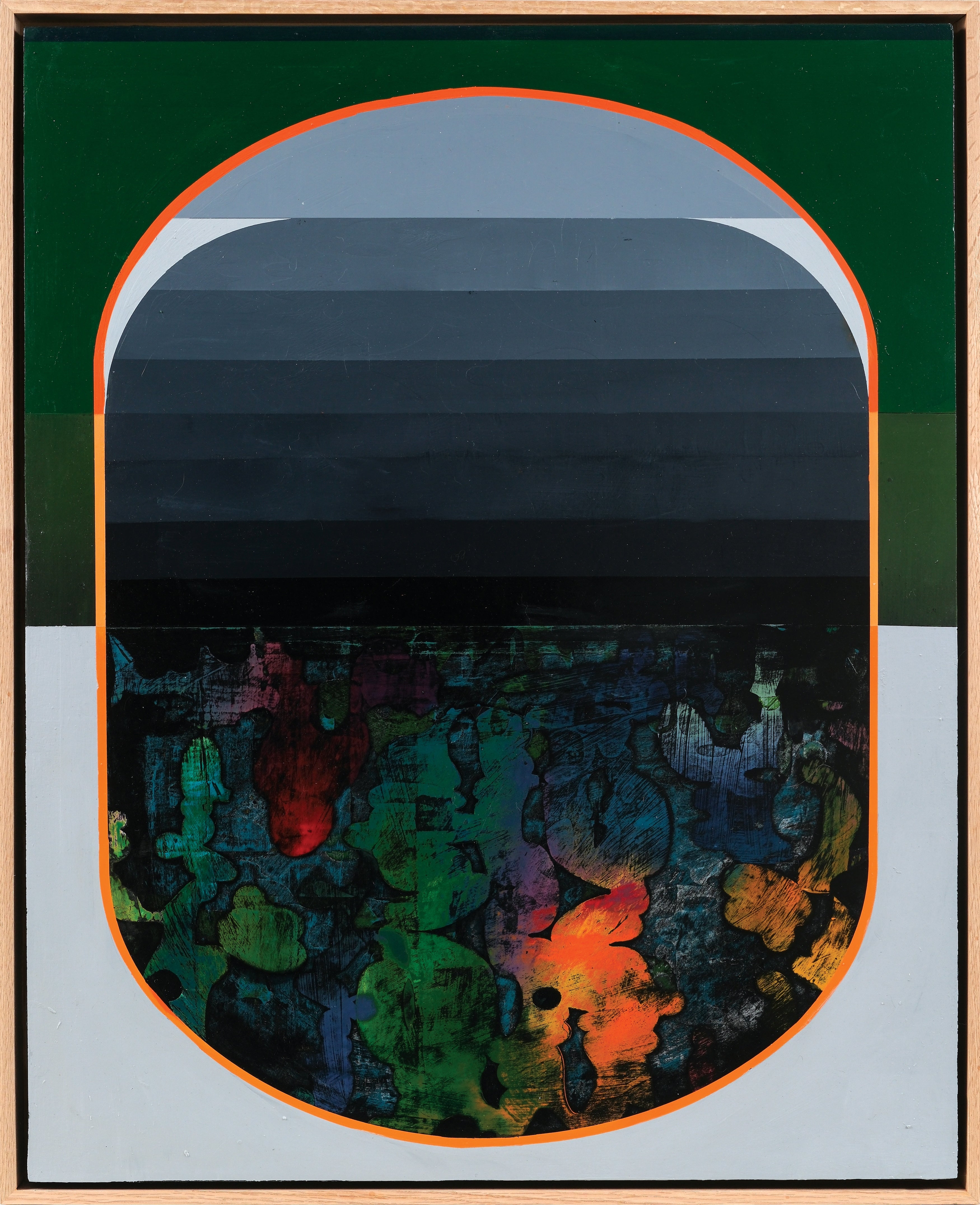 Prologue by Sarah Gee Miller – Abstract artwork with a colorful base and geometric top, framed in green and orange.