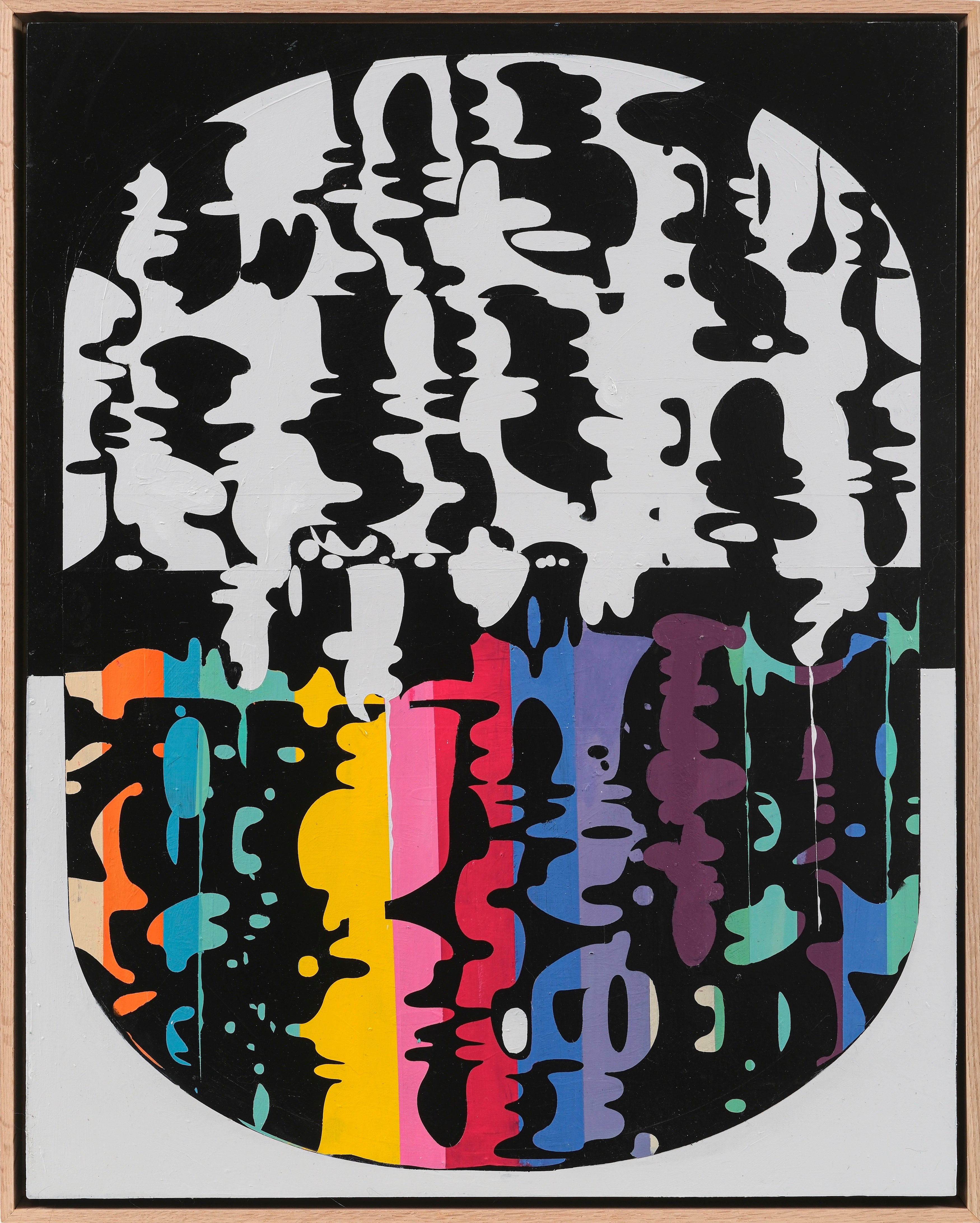 The Festival Smuggler by Sarah Gee Miller – Abstract artwork with black, white, and multicolor patterns on a black background