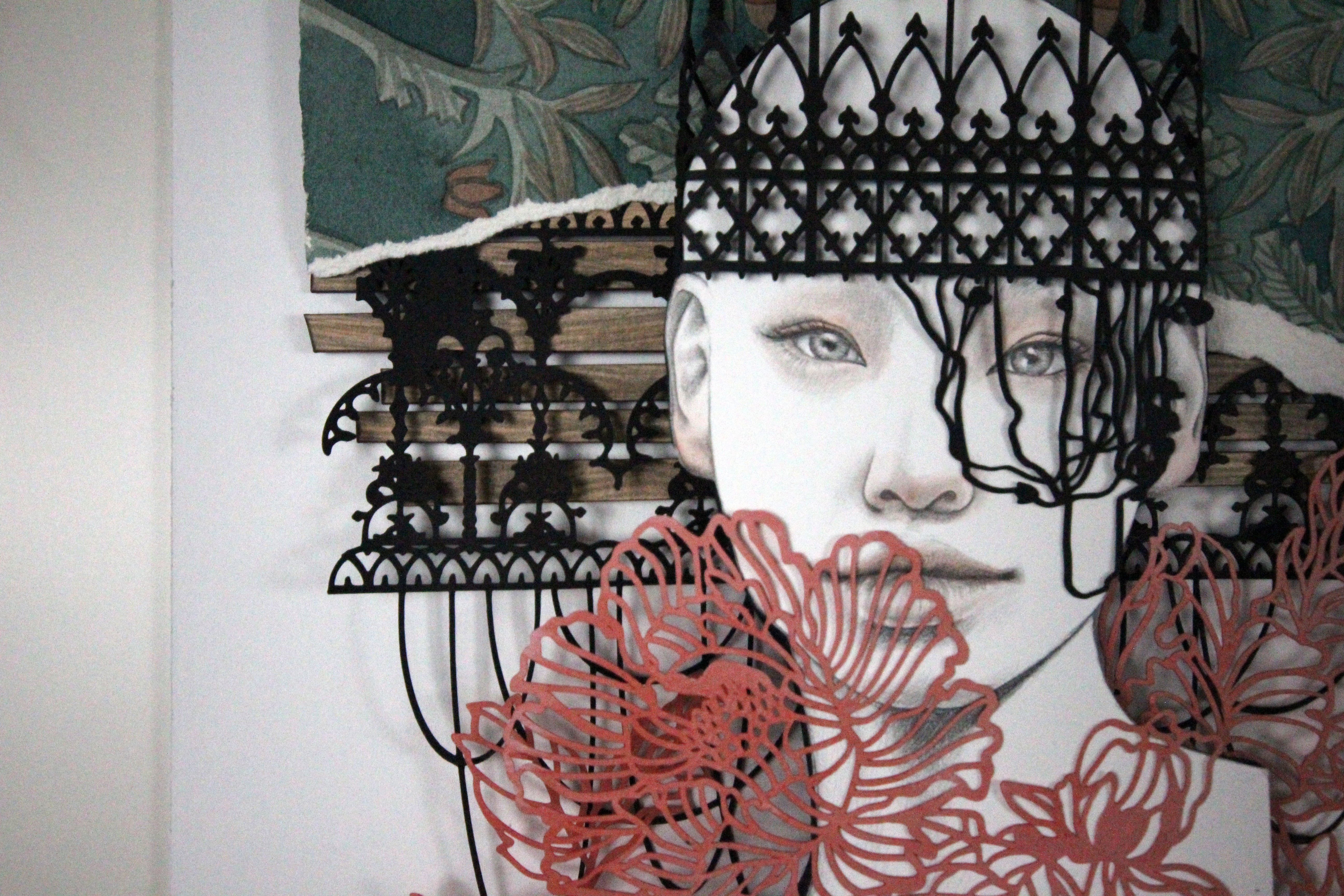 Artistic depiction of a woman's face with floral elements and a decorative headpiece artwork by Christine Kim