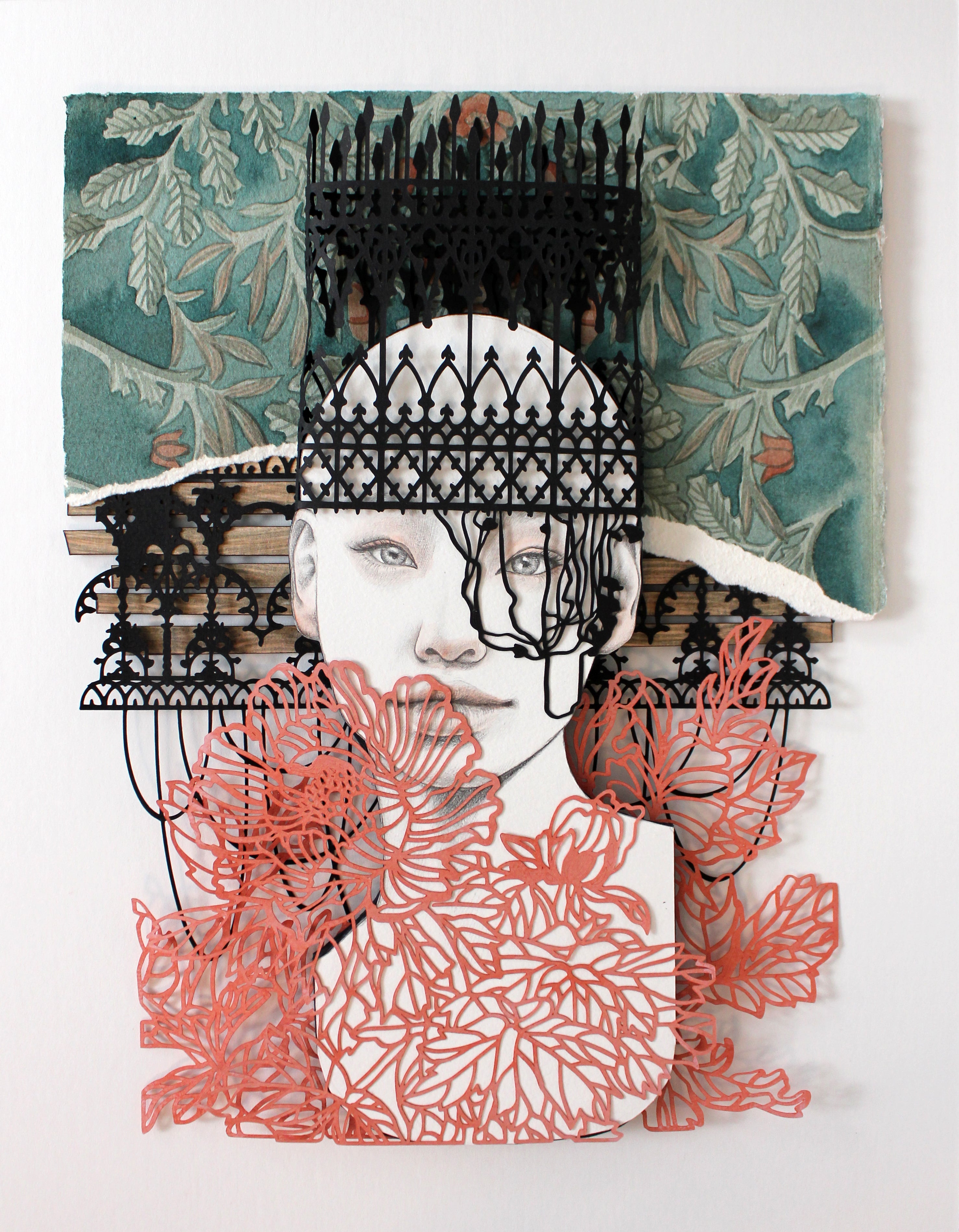 Artistic portrait with floral and lace elements on a textured background original artwork by Christine Kim