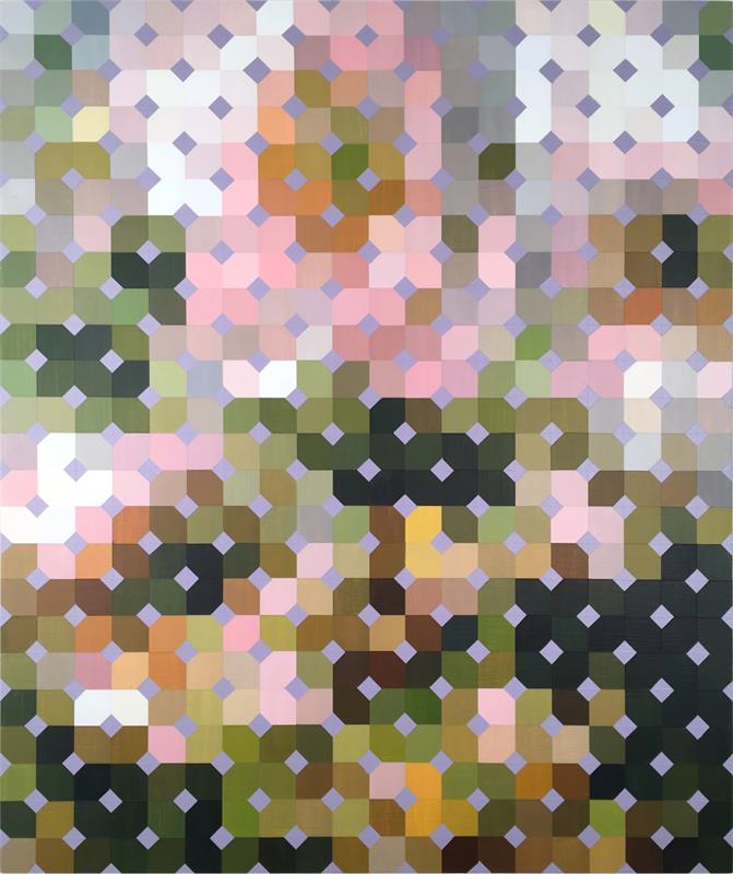 This image features a abstract artwork titled "Anemones," depicting an intricate pattern of geometric shapes in a blend of soft, muted colors. The composition is divided into numerous square and diamond-shaped elements, creating a textured and visually engaging surface.