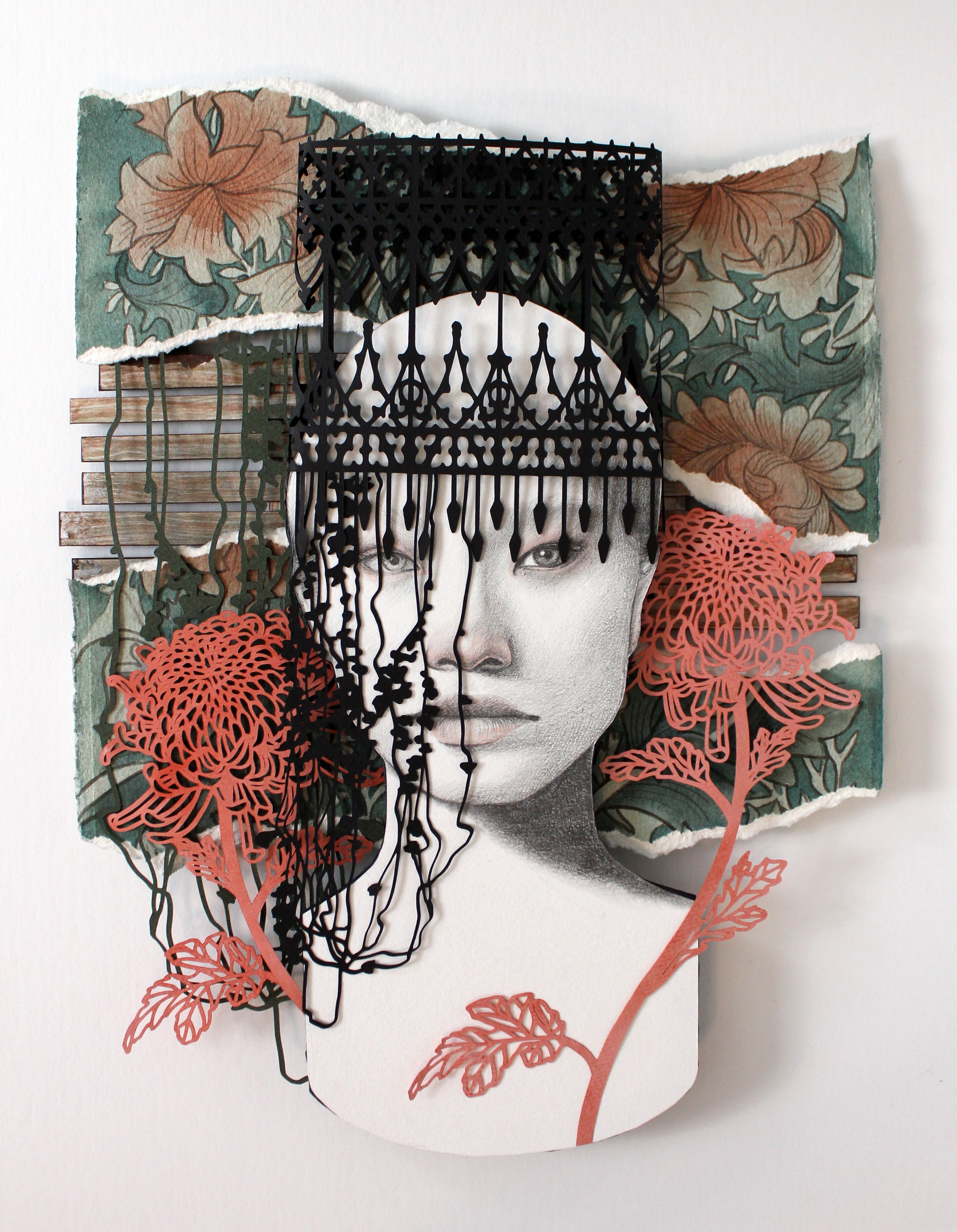 In Stillness by Christine Kim – Artistic depiction of a face with floral and architectural elements on a white background