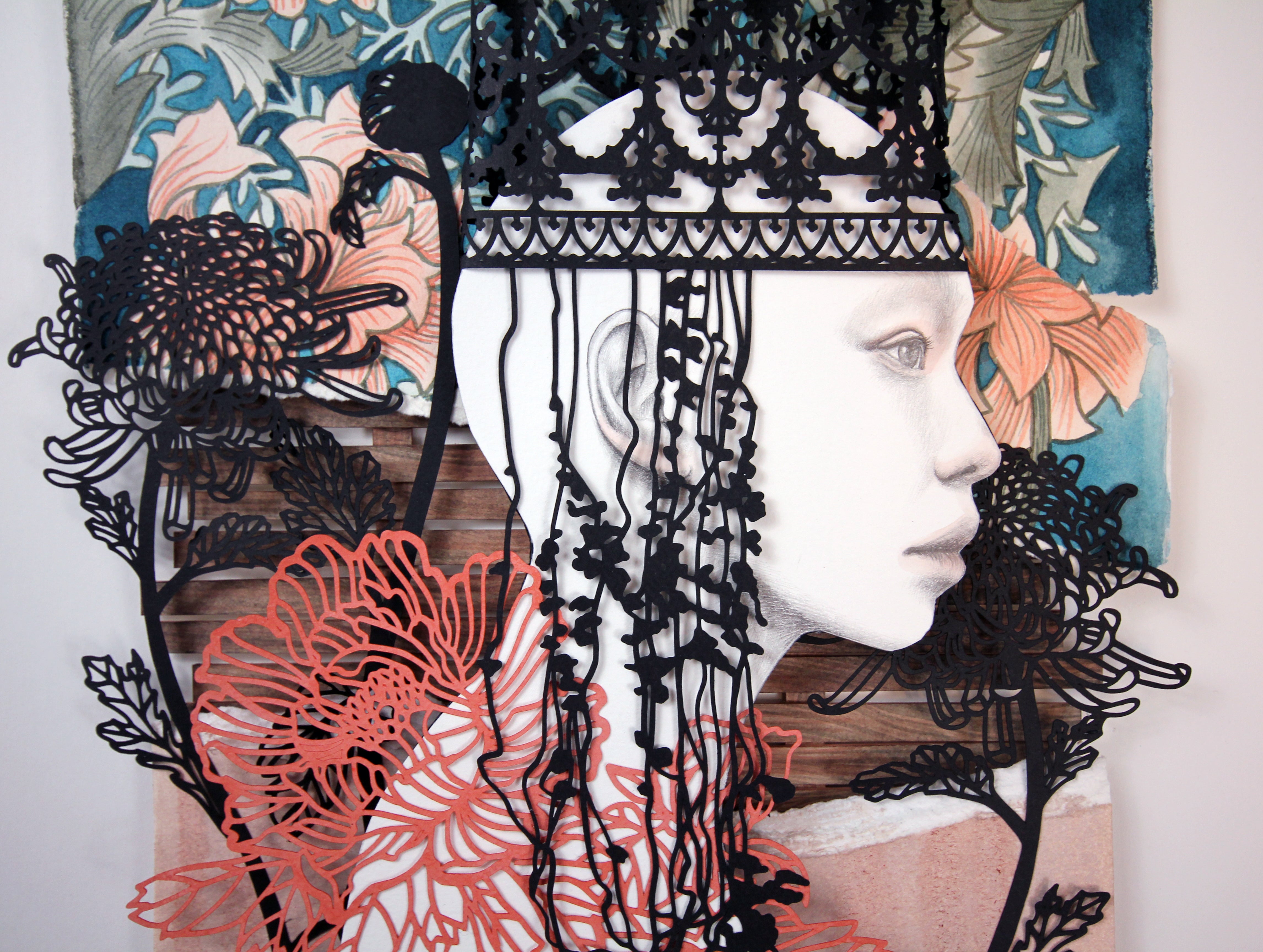 Stories We Tell detailed version by Christine Kim – Artistic depiction of a woman's face with floral and lace elements