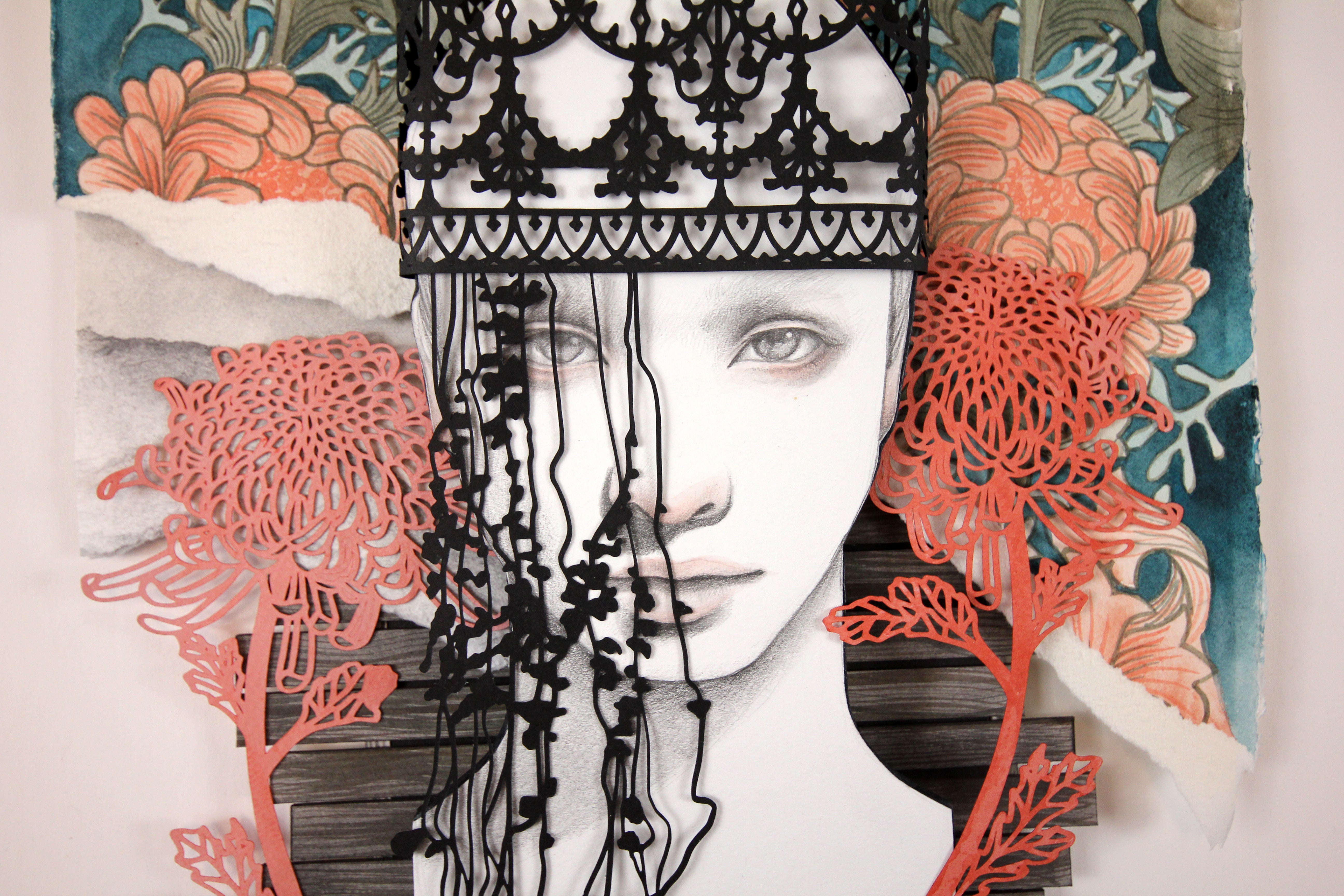 Stranger to Myself Close Up by Christine Kim – Artistic depiction of a woman's face with floral elements and intricate patterns.