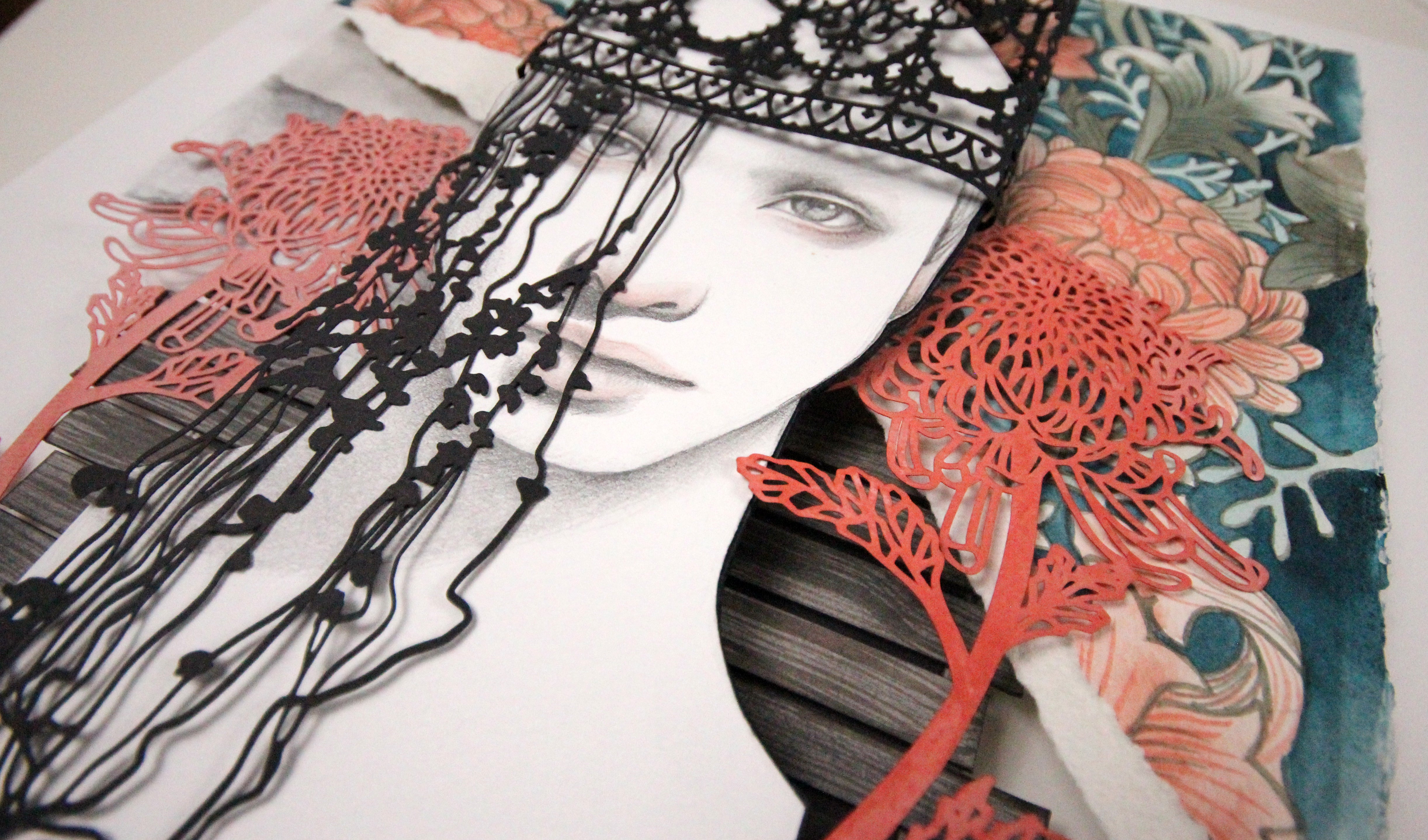 Stranger to Myself by Christine Kim – Artistic illustration of a face with floral and lace details