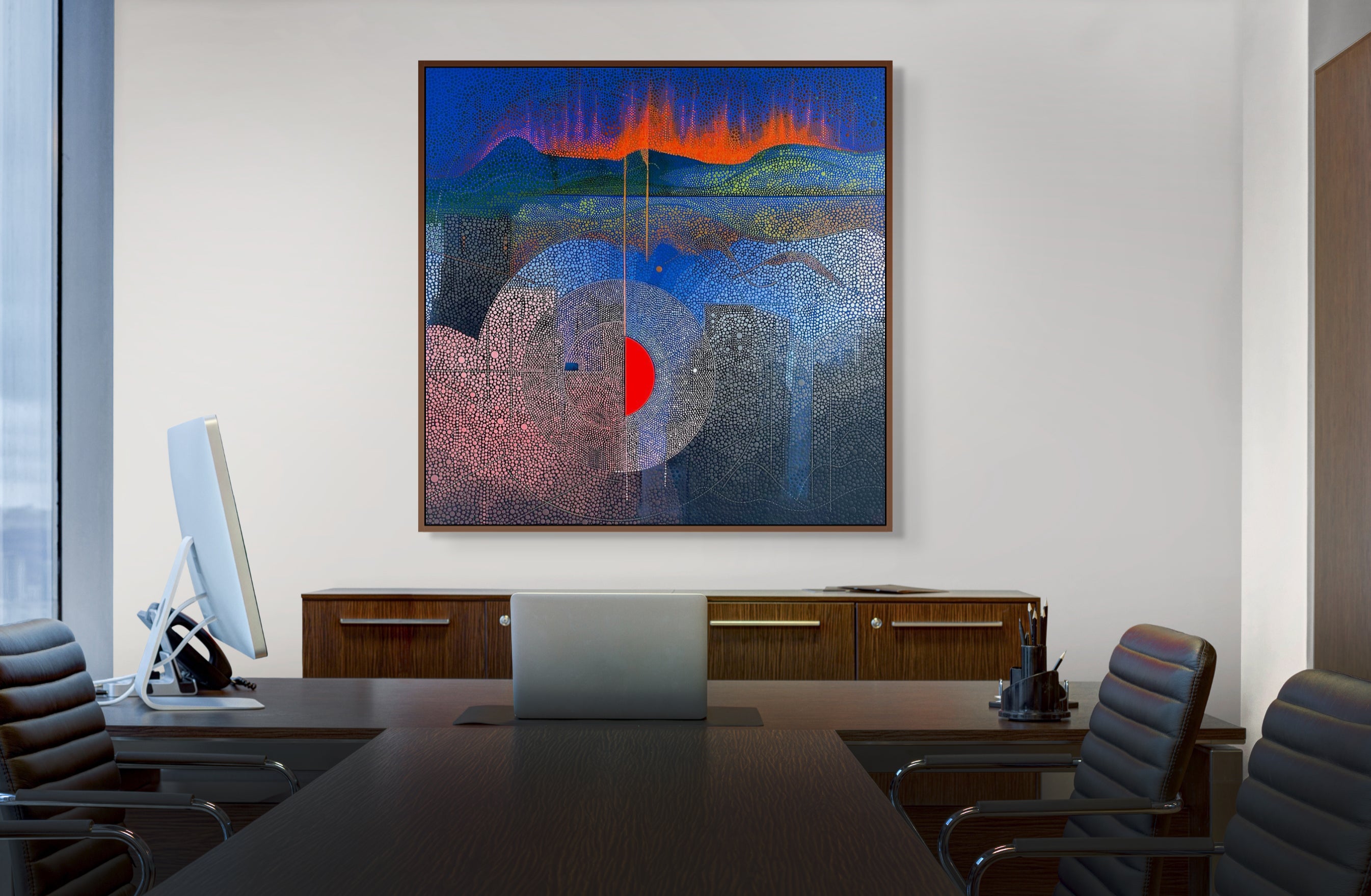 Wild Fires in 2023 by Ewa Tarsia – Modern office conference room with a large abstract painting on the wall.